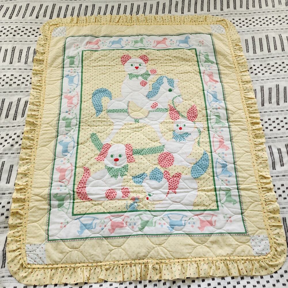 Vintage Baby Quilt Crib Blanket Yellow Ruffle Trim Nursery Puppies Horse 40x36